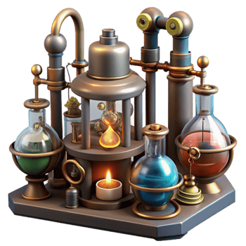 elegant creative A steampunk laboratory, filled with bubbling beakers, strange contraptions, and flickering gas lamps, organized chaos, mad scientist vibe detailed png