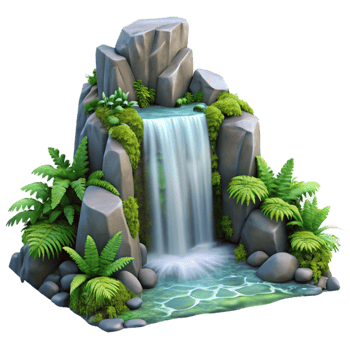vibrant artistic A cascading waterfall tumbling over moss covered rocks, surrounded by lush ferns, in a photorealistic style detailed png