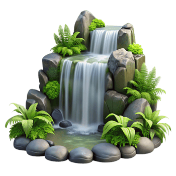 elegant vintage A cascading waterfall tumbling over moss covered rocks, surrounded by lush ferns, in a photorealistic style premium png