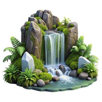 vibrant rustic A cascading waterfall tumbling over moss covered rocks, surrounded by lush ferns, in a photorealistic style authentic png