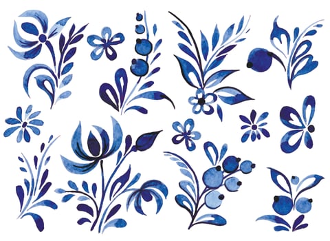 set of blue ornaments in Russian style. watercolor brush drawing for porcelain painting vector