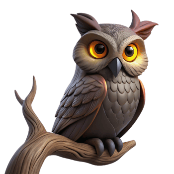 elegant rustic A wise old owl perched on an ancient, gnarled oak branch, its eyes glowing in the dim twilight, rendered in a detailed, fantasy art style detailed png