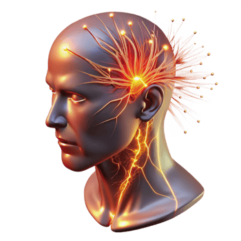 magnificent minimalist A transparent human head with visible neural pathways firing, vibrant electrical sparks, clinical lighting, anatomical style 4K png