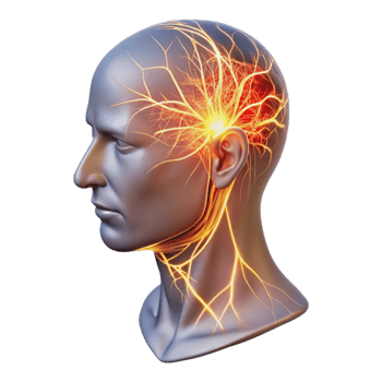 beautiful abstract A transparent human head with visible neural pathways firing, vibrant electrical sparks, clinical lighting, anatomical style 4K png
