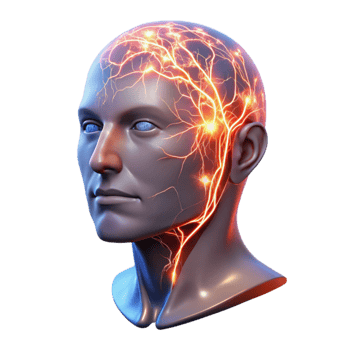 serene abstract A transparent human head with visible neural pathways firing, vibrant electrical sparks, clinical lighting, anatomical style 4K png