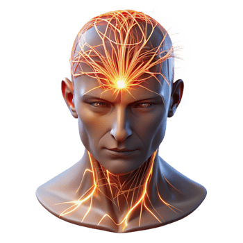 impressive abstract A transparent human head with visible neural pathways firing, vibrant electrical sparks, clinical lighting, anatomical style premium png