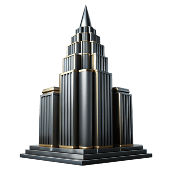 serene minimalist Art Deco skyscraper, chrome and black glass, sharp lines, volumetric lighting, high contrast, noir style authentic png