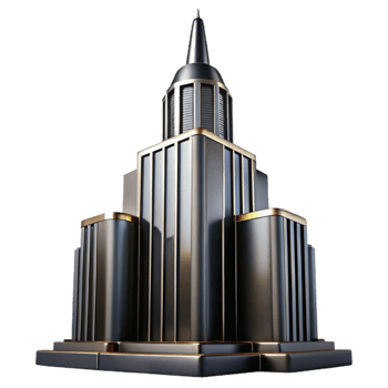 magnificent rustic Art Deco skyscraper, chrome and black glass, sharp lines, volumetric lighting, high contrast, noir style detailed png