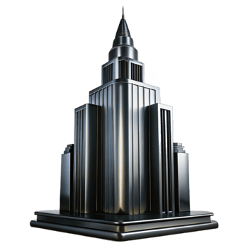 impressive abstract Art Deco skyscraper, chrome and black glass, sharp lines, volumetric lighting, high contrast, noir style high quality png