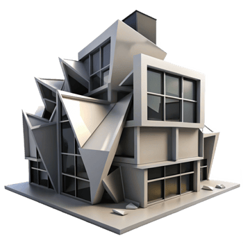 serene contemporary Deconstructivist office building, fragmented forms, sharp angles, dramatic shadows, high contrast black and white high quality png