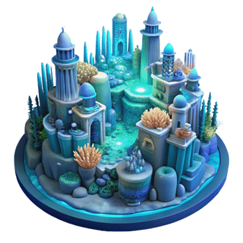 vibrant modern An underwater city built of coral and bioluminescent algae, deep ocean lighting, otherworldly, science fiction genuine png