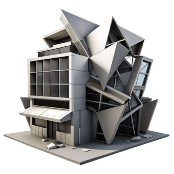 elegant vintage Deconstructivist office building, fragmented forms, sharp angles, dramatic shadows, high contrast black and white 4K png