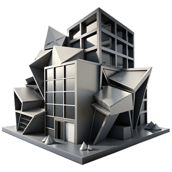 extraordinary rustic Deconstructivist office building, fragmented forms, sharp angles, dramatic shadows, high contrast black and white premium png
