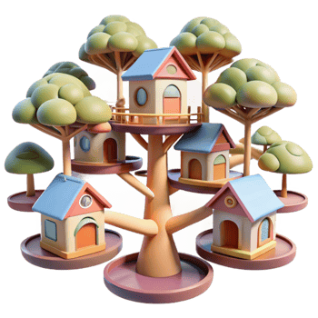 beautiful contemporary A network of interconnected treehouses in a dense forest, dappled sunlight, whimsical, fantasy style 4K png