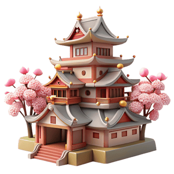 wonderful abstract A traditional Japanese castle, intricate details, cherry blossoms in the foreground, soft spring light exclusive png