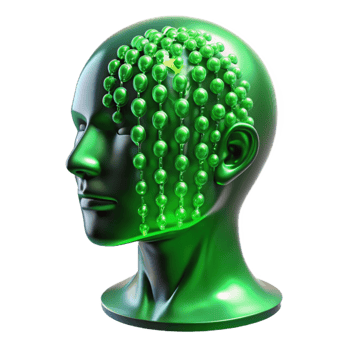 magnificent abstract A transparent human head filled with swirling binary code, illuminated from within by a vibrant green light. Abstract style high quality png