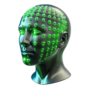 serene modern A transparent human head filled with swirling binary code, illuminated from within by a vibrant green light. Abstract style high resolution png