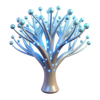 serene traditional A bioluminescent tree with branches made of fiber optic cables, softly glowing in a dark forest, dreamy and ethereal lighting. Fantasy, bioluminescence style 4K png