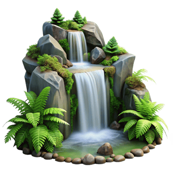 impressive modern A cascading waterfall flowing over mossy rocks, surrounded by lush ferns, long exposure photography style genuine png