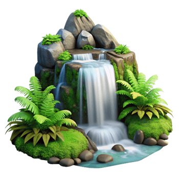 wonderful traditional A cascading waterfall flowing over mossy rocks, surrounded by lush ferns, long exposure photography style genuine png