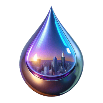 beautiful abstract A single, perfect drop of mercury reflecting distorted images of a futuristic cityscape, lit by neon signs, cyberpunk style exclusive png