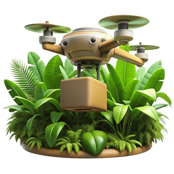 serene minimalist A drone delivering a package in a dense jungle environment, realistic textures, dappled sunlight filtering through the canopy, photorealistic style original png