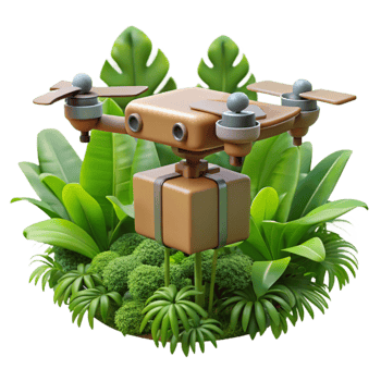 extraordinary classic A drone delivering a package in a dense jungle environment, realistic textures, dappled sunlight filtering through the canopy, photorealistic style 4K png