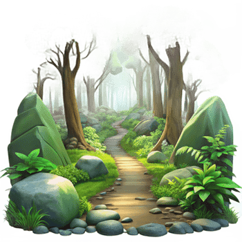 beautiful modern A lush, overgrown forest path, dappled sunlight through thick canopy, vibrant greens, moss covered rocks, Impressionist style high resolution png