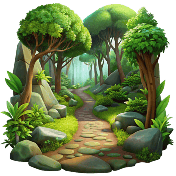 serene modern A lush, overgrown forest path, dappled sunlight through thick canopy, vibrant greens, moss covered rocks, Impressionist style detailed png