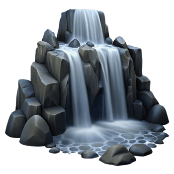 stunning contemporary A cascading waterfall flowing over smooth, black rocks, long exposure, misty atmosphere, ethereal high quality png