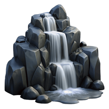 beautiful traditional A cascading waterfall flowing over smooth, black rocks, long exposure, misty atmosphere, ethereal original png
