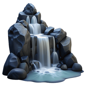 beautiful contemporary A cascading waterfall flowing over smooth, black rocks, long exposure, misty atmosphere, ethereal detailed png