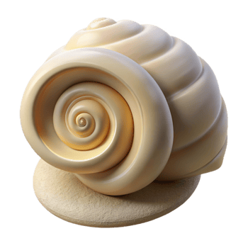 serene contemporary A spiral shell lying on white sand, soft natural light, hyperrealistic, detailed textures premium png