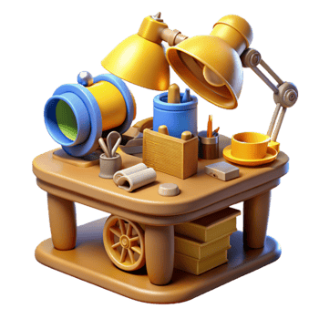 vibrant creative A cluttered steampunk desk, overflowing with blueprints, gears, tools, and gadgets, lit by a warm, yellow desk lamp original png