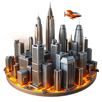 extraordinary artistic A towering, chrome metropolis, its skyscrapers piercing the clouds of a toxic orange sky, flying vehicles weaving between the buildings. Harsh, neon lighting.... png