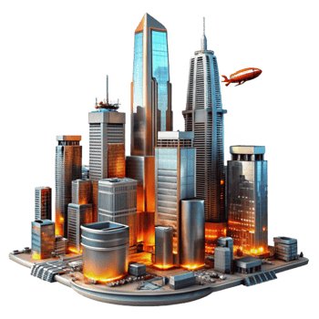 beautiful creative A towering, chrome metropolis, its skyscrapers piercing the clouds of a toxic orange sky, flying vehicles weaving between the buildings. Harsh, neon lighting. Cyberpunk style 4K png