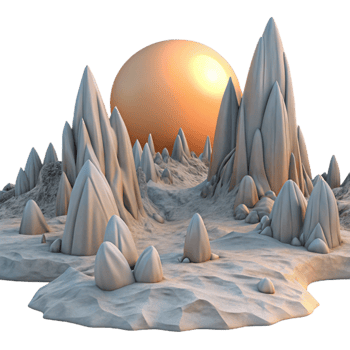 wonderful creative A desolate, alien landscape with strange, crystalline formations under a double sunset. Soft, otherworldly lighting. Matte painting style premium png