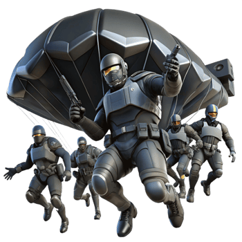 serene classic A group of futuristic soldiers, in sleek black armor, rappelling down from a hovering dropship. Dark, tactical lighting. Military sci fi style original png