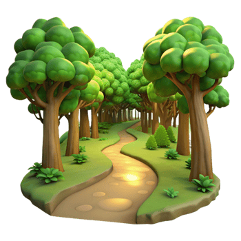 vibrant traditional A winding dirt path through a lush, green forest canopy, dappled with golden sunlight filtering through the leaves. Impressionist painting style original png