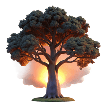 elegant abstract A lone, gnarled oak tree silhouetted against a fiery sunset, with dramatic lighting and a sense of solitude. Photorealistic, dark fantasy exclusive png