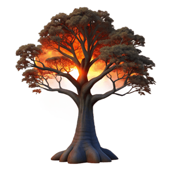 stunning creative A lone, gnarled oak tree silhouetted against a fiery sunset, with dramatic lighting and a sense of solitude. Photorealistic, dark fantasy detailed png