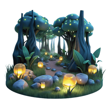elegant creative A group of fireflies illuminating a dark forest at night, with bioluminescent light and a magical atmosphere. Fantasy art, ethereal original png