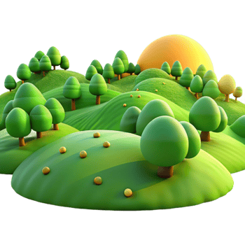 elegant modern A panoramic view of a rolling hills landscape with vibrant green grass and scattered trees, illuminated by golden sunlight. Photorealistic, landscape photography 4K png