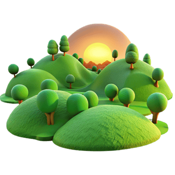elegant artistic A panoramic view of a rolling hills landscape with vibrant green grass and scattered trees, illuminated by golden sunlight. Photorealistic, landscape photography detailed png