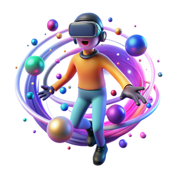 elegant classic A lone figure in a virtual reality headset surrounded by a swirling vortex of digital particles, bright multicolored lights, psychedelic art style detailed png