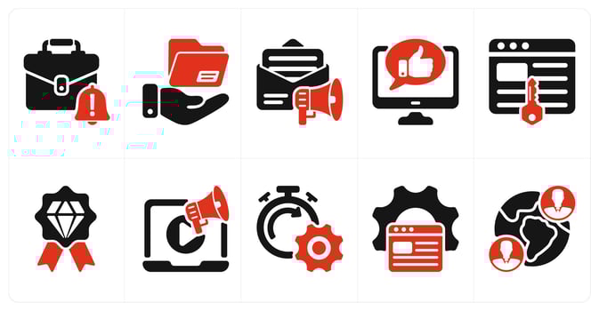 A set of 10 seo icons as business alert, file sharing, email marketing vector