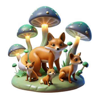 vibrant abstract A family of foxes playing amidst bioluminescent mushrooms in a dark forest, lit by the ethereal glow of the fungi, whimsical illustration style high quality png