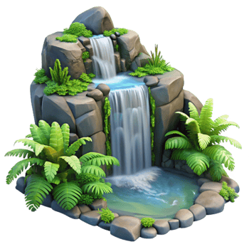 stunning minimalist A cascading waterfall flowing over moss covered rocks, surrounded by lush ferns, fantasy art style professional png