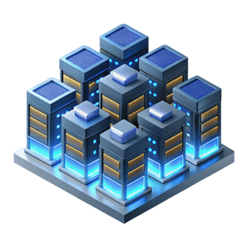 serene traditional A massive server farm, endless rows of blinking lights stretching into the darkness, lit by the server LEDs, isometric style high resolution png