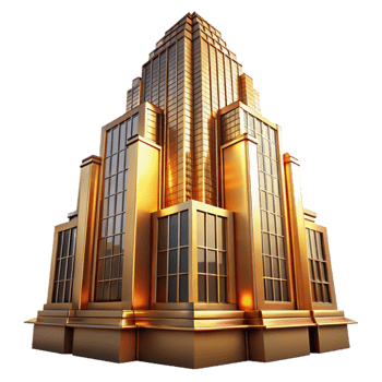 magnificent creative Art Deco skyscraper, intricate geometric facade, chrome accents, bathed in golden sunset light, highly polished, ray tracing, high resolution png